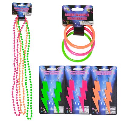 JEWELRY ACCESSORIES NEON 3AST EARRING/3PC BEADS/3PC BRACELET NEON PINK/GRN/ORANGE
