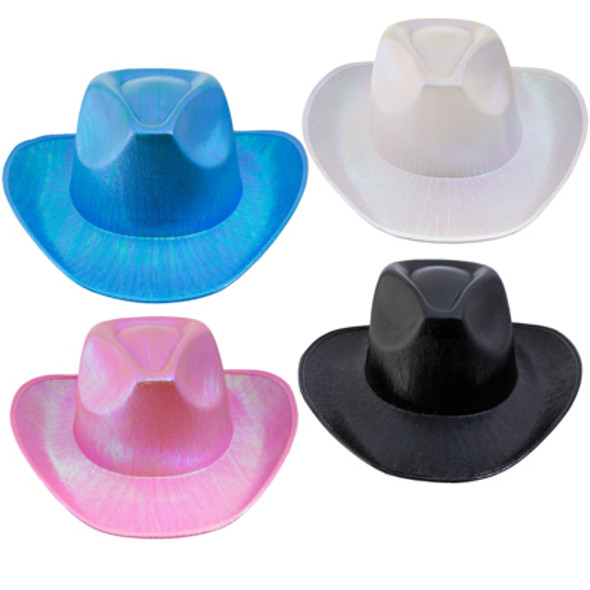 COWBOY HAT SHINY ADULT 4AST COLORS HT/JHOOK WHITE/BLACK/LIGHT PINK/BLUE COWBOY HAT SHINY ADULT 4AST COLORS HT/JHOOK WHITE/BLACK/LIGHT PINK/BLUE