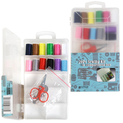 SEWING KIT IN COMPARTMENT BOX 20PC PEGGABLE SEWING BOX *NO CALIF SALES*