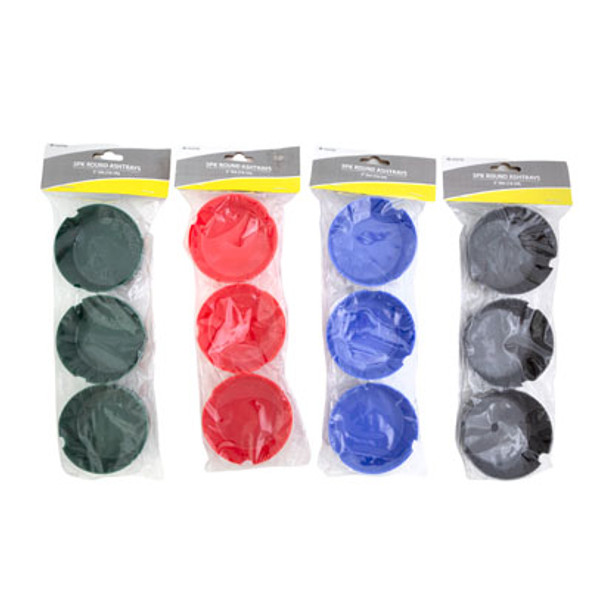 ASHTRAY 3PK ROUND 3IN MELAMINE 4AST BLK/RED/BLUE/GREENHOUSE PVC BAG/HDR ASHTRAY 3PK ROUND 3IN MELAMINE 4AST BLK/RED/BLUE/GREENHOUSE PVC BAG/HDR