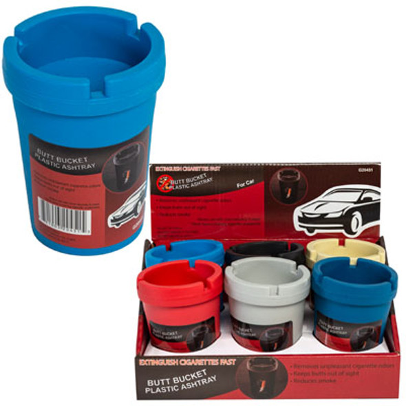 ASHTRAY AUTO BUTT BUCKET W/REMOVABLE LID 6 AST CLRS/6PC PDQ 3IN DIA X 4.25IN H LABEL