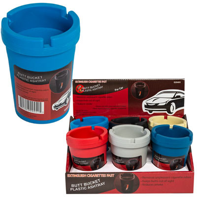 ASHTRAY AUTO BUTT BUCKET W/REMOVABLE LID 6 AST CLRS/6PC PDQ 3IN DIA X 4.25IN H LABEL