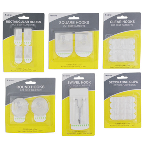 HOOK ASST SELF-ADHESIVE 6AST WHITE/CLEAR 1/2/4/6/12 PKS HOUSEWARES/BLISTERCARD HOOK ASST SELF-ADHESIVE 6AST WHITE/CLEAR 1/2/4/6/12 PKS HOUSEWARES/BLISTERCARD