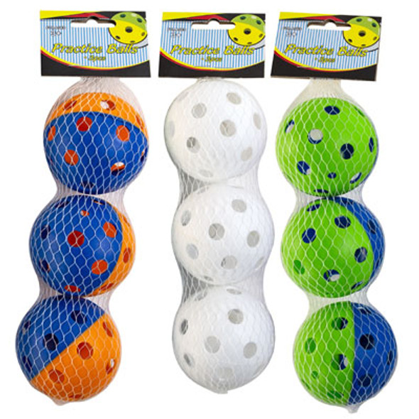 PRACTICE BALLS 3PK PLASTIC 3ASTWHITE & 2-2 TONE CLRS 2.75IN DIANETBAG/HEADER