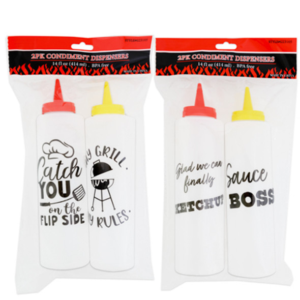 CONDIMENT DISPENSERS 2PK BBQ PRINTS 8.5IN/14OZ 2AST COMBOS BPA FREE/PEGGABLE OPP BAG