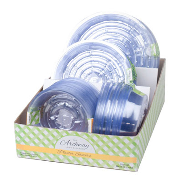PLANTER SAUCER CLEAR PLASTIC 3AST SIZES 86PC PDQ/GARDEN LABEL 3PK-10IN/3PK-8IN/5PK-6IN PLANTER SAUCER CLEAR PLASTIC 3AST SIZES 86PC PDQ/GARDEN LABEL 3PK-10IN/3PK-8IN/5PK-6IN