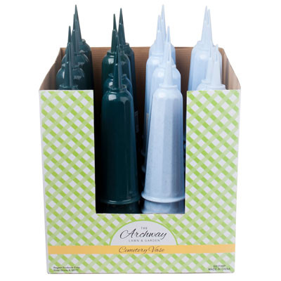 VASE CEMETERY PLASTIC 9.75IN GREEN/ MARBLE STONE CLR/48PC PDQ 12X12X12IN SQUARE PDQ/UPC LABEL