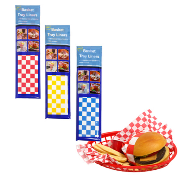 BBQ/DELI BASKET TRAY LINERS WAXED 15CT 11.8 X 11.8IN 3AST GINGHAM YELLOW/RED/BLUE BBQ/DELI BASKET TRAY LINERS WAXED 15CT 11.8 X 11.8IN 3AST GINGHAM YELLOW/RED/BLUE