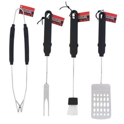 BBQ TOOL 4AST W/PLASTIC HANDLE TURNER/TONG/FORK/BASTING BRUSH BBQ HANGTAG