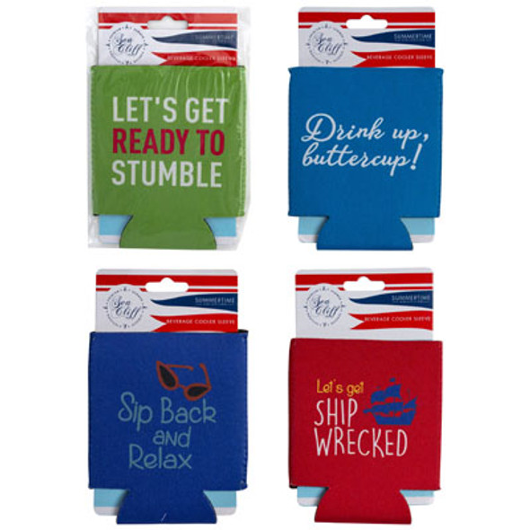 CAN/BOTTLE SLEEVE NEOPRENE 4AST SUMMER FUN PRINTS/12PC MERCH STRIP 2CS'S PER POLYBAG/PB INSERT CARD