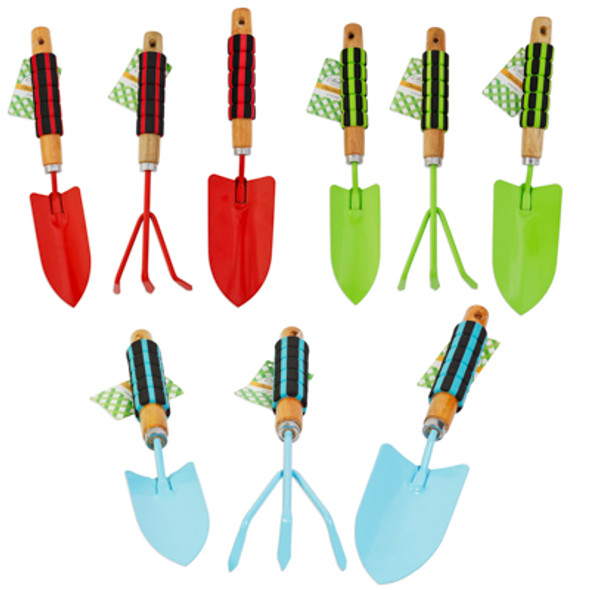 GARDEN TOOLS METAL W/STRIPED FOAM GRIP HANDLE 4 CLRS/3 STYLES SPADE/TROWEL/CLAW GARDEN HT