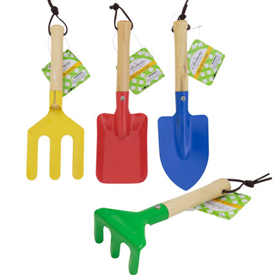 GARDEN TOOLS KIDS IRON 4ASST W/WOOD HANDLE L&G HT FORK/RAKE/SPADE/SHOVEL