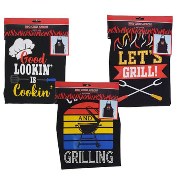 BBQ CHEF PRINT APRON 3AST BLACK 27.5IN/BBQ HDR