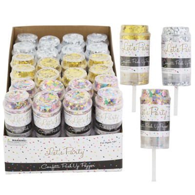 CONFETTI PUSH POPPER IN 24PC PDQ 3AST SILVER/GOLD/MULTICOLOR 7G SHRINK INSERT CARD/PDQ