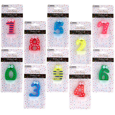 BIRTHDAY CANDLE NUMBER 0-9 COLORFUL CARTOON W/EYES PARTY BLISTER CARD