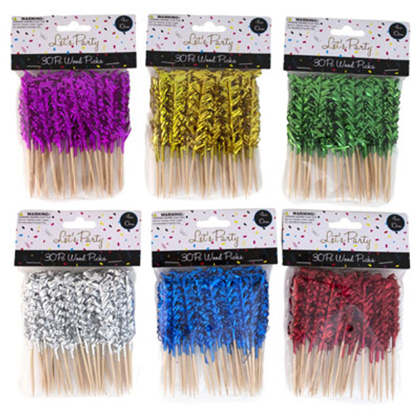 PARTY PICKS 30PC WOOD W/TINSEL 6AST COLORS 4INCH 12PC MDSG STRIP/PBH