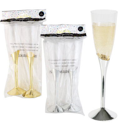 CHAMPAGNE FLUTE GLASS 2PK PLST 8.875IN H SILVER/GOLD PTD PB