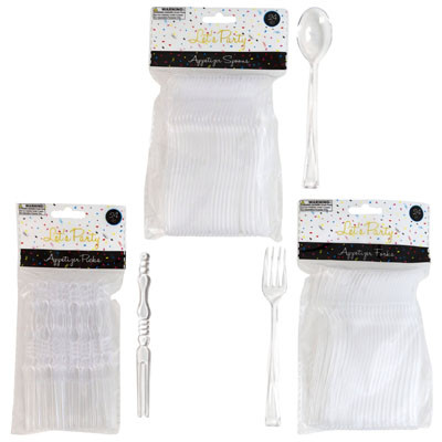 APPETIZER SPOONS/FORKS/PICKS 3ASST 24CT CLEAR PLASTIC 4-4.5IN L/PARTY PRNTD OPP BAG