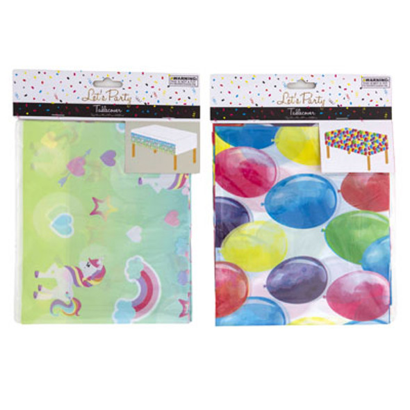 TABLECOVER PLASTIC 54X96IN 2AST UNICORN BORDER/BALLOON FULL PRINT PBH W/DROP DOWN