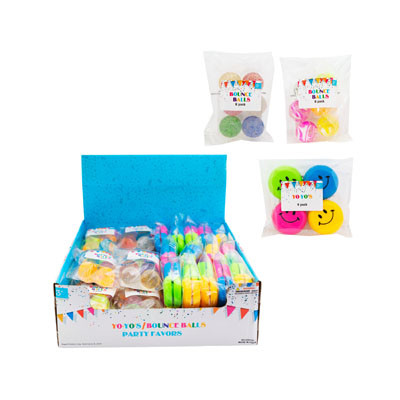 PARTY FAVOR 4PK YOYO OR 6PK BOUNCEBALL EA SET IN PB W/PRNTD LABEL IN 33 PC PDQ
