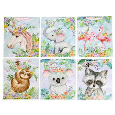 GIFT BAG LARGE 6AST CUTE ANIMAL GLITTER FRONT/SATIN HANDLE 10.4 X 4.72 X 12.6/UPC LABEL