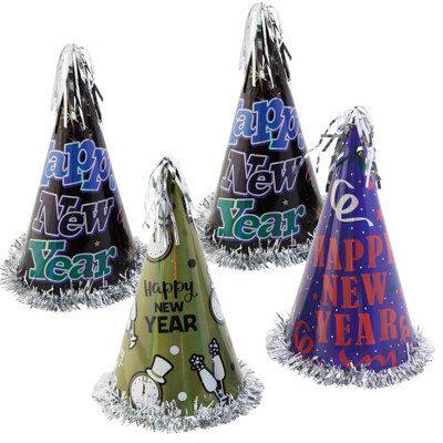 PARTY HAT NEW YEAR 12.5IN 4AST PAPER/FOIL CONE W/SILVER TINSEL TRIM INSIDE ADULT USE/UPC LABEL