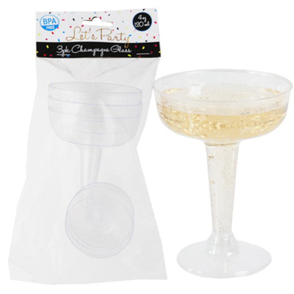 CHAMPAGNE GLASS 3PK PLASTIC 4.25X3.25 DIA PARTY PBH 4OZ/120ML