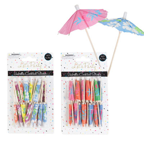 UMBRELLA COCKTAIL STICKS 15CT 2X12PC MDSGSTRIPS EA FLORALS/FRUITS 4IN/PARTY BLISTER
