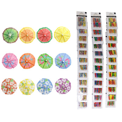 UMBRELLA COCKTAIL STICKS 15CT 4IN 3AST FRUITS/FLORAL PRINTS 4X12PC MDSGSTRIPS/EA PARTY BLC