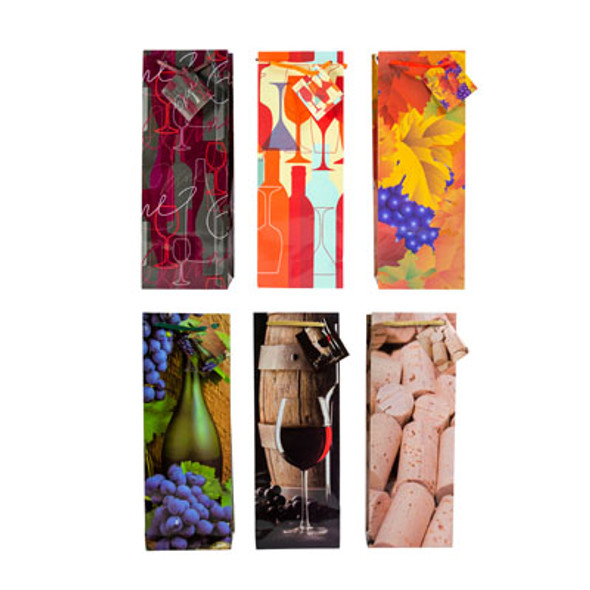 WINE GIFT BAG 6AST PRINTS PAPER 14 X 3.38 X 5.11 W/STRING HANDLE 150GM UPC/JHOOK