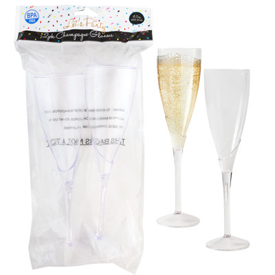 CHAMPAGNE FLUTE GLASS SET 2PK PLASTIC 9INH PRTD PARTY OPP BAG 6.5 OZ