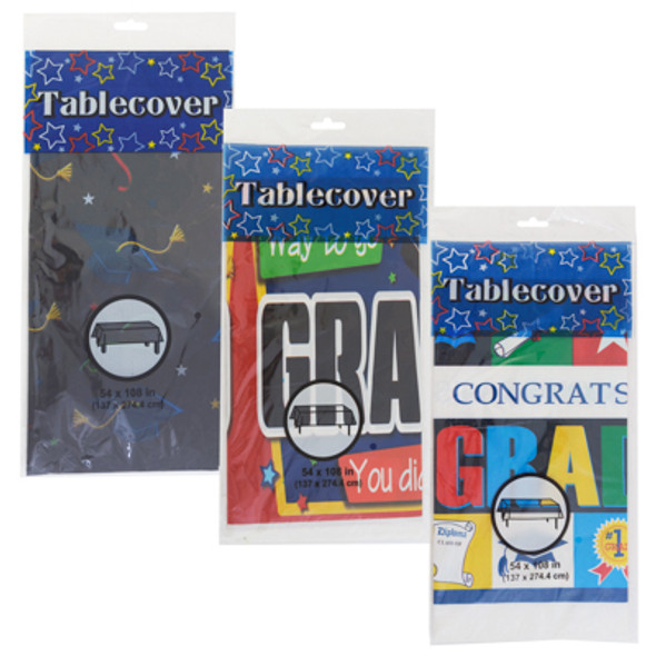 TABLECOVER GRADUATION 54X108/3 ASST BORDER PRINT DESIGNS/PRTB PB
