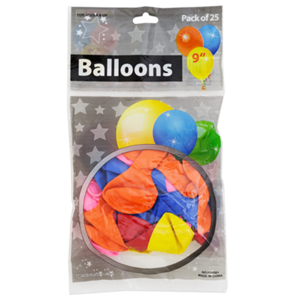 BALLOONS 25CT 9IN ASST COLOR LATEX RUBBER IN PRINTED POLYBAG
