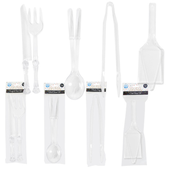 SERVING UTENSILS CLEAR PLST 2PC CAKE/SALAD/KNIFE & FORK-1PC TONG PARTY PRINTED PB SERVING UTENSILS CLEAR PLST 2PC CAKE/SALAD/KNIFE & FORK-1PC TONG PARTY PRINTED PB