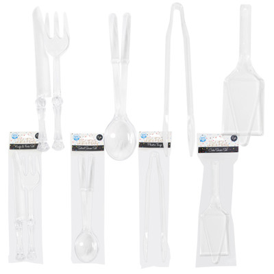 SERVING UTENSILS CLEAR PLST 2PC CAKE/SALAD/KNIFE & FORK-1PC TONG PARTY PRINTED PB
