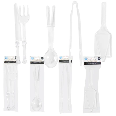 SERVING UTENSILS CLEAR PLST 2PC CAKE/SALAD/KNIFE & FORK-1PC TONG PARTY PRINTED PB