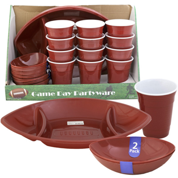 GAME DAY PARTYWARE 24-PC 4-PLATTERS, 8-2-PK BOWLS, 12-CUPS COLOR LABEL/UPC COUNTER DISPLAY