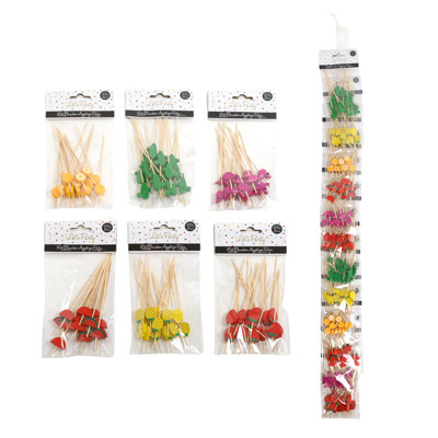APPETIZER PICKS WOOD 4.75IN 16PC 6AST SUMMER ICONS ON 12PC MDSGSTRIP PARTY/PBH