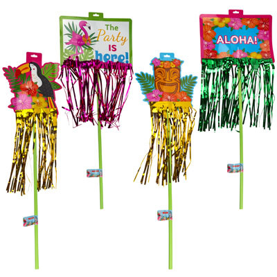 LUAU YARD SIGN 4AST 36IN W/TINSEL FRINGE