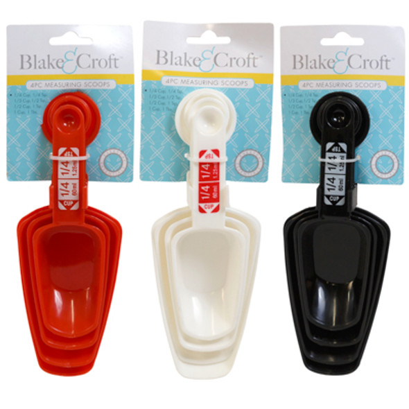 MEASURING SCOOPS 4PC W/SPOONS ON THE END/3AST CLRS KITCHEN TCD