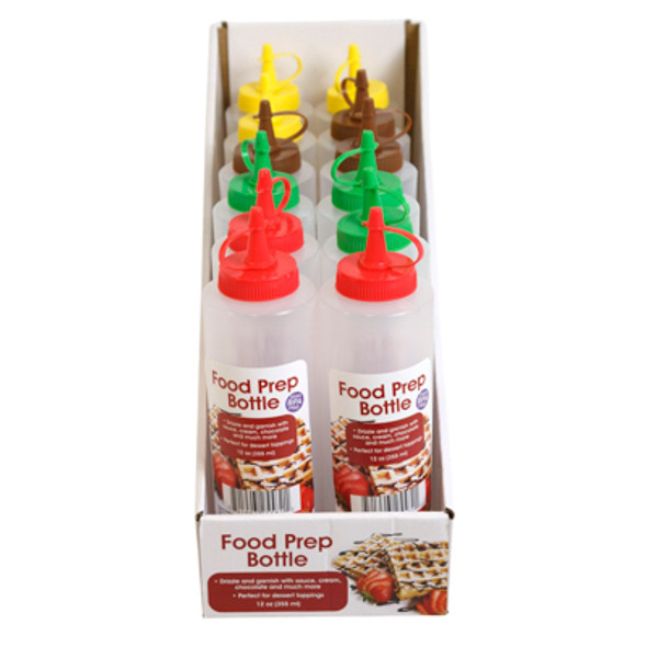 FOOD PREP BOTTLE 12-PC 12-OZ 4 COLORS W/COLOR LABEL RED, YELLOW, GREEN & BROWN COUNTER DISPLAY FOOD PREP BOTTLE 12-PC 12-OZ 4 COLORS W/COLOR LABEL RED, YELLOW, GREEN & BROWN COUNTER DISPLAY