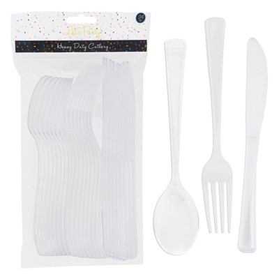 CUTLERY PLASTIC 24CT CLEAR HEAVY DUTY SPOON/FORK/KNIFE PARTY PRINTED POLYBAG