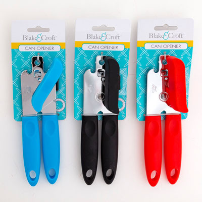 CAN OPENER METAL W/COLOR HANDLE& GRIP 3AST COLORS B&C TCDRED/BLUE/BLACK