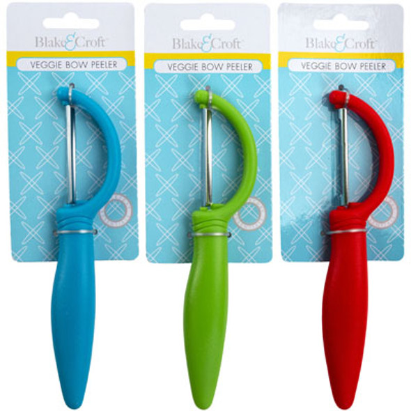 VEGGIE BOW PEELER PLASTIC 3AST COLORS KITCHEN TIE ON CARD RED/BLUE/GREEN