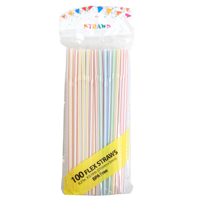 STRAWS 100CT STRIPED 5MM DIA FLEXIBLE 4CLRS/PRTD PB BLUE/GREEN/RED/YELLOW BPA FREE