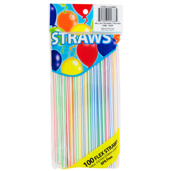 STRAWS 100CT STRIPED 5MM DIA FLEXIBLE 4CLRS/PRTD PB BLUE/GREEN/RED/YELLOW BPA FREE