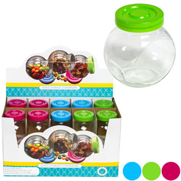 STORAGE GLASS CONTAINER W/COLOR LID 20PC 3 ASSORTED 3.15IN 6OZ COUNTER DISPLAY STORAGE GLASS CONTAINER W/COLOR LID 20PC 3 ASSORTED 3.15IN 6OZ COUNTER DISPLAY