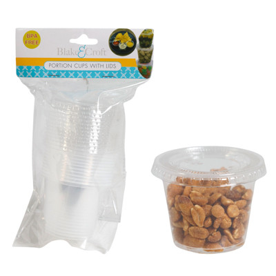 SAUCE CUPS W/LIDS 12PC 5.5OZ CLEAR PLASTIC USE FOR BOTH SNACKS/SAUCES B&C PBH