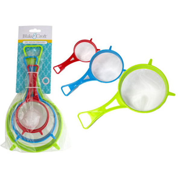 STRAINER NYLON W/PLASTIC HANDLE 3PC SET MULTICLR 3.15/4.3/5.5IN TIE ON CARD/POLYBAG