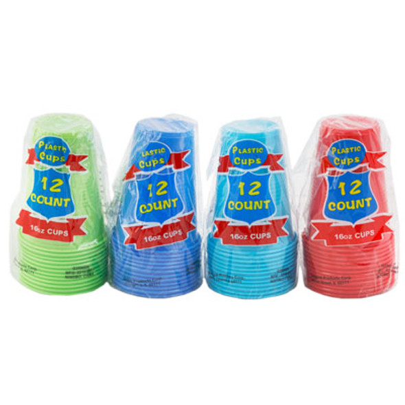 CUPS PLASTIC 12CT/16OZ DISPOSABLE 4 COLORS IN PRINTED PB